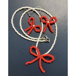 Dainty Beaded Red and White Bow Necklace and Dangle Earring Set